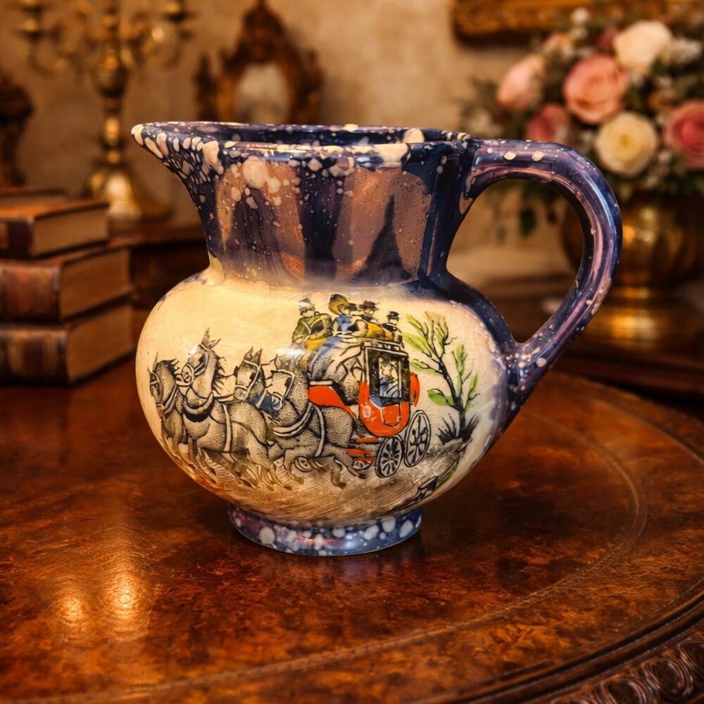Victorian ceramic mini pitcher horse and stagecoach scene blue speckle glaze